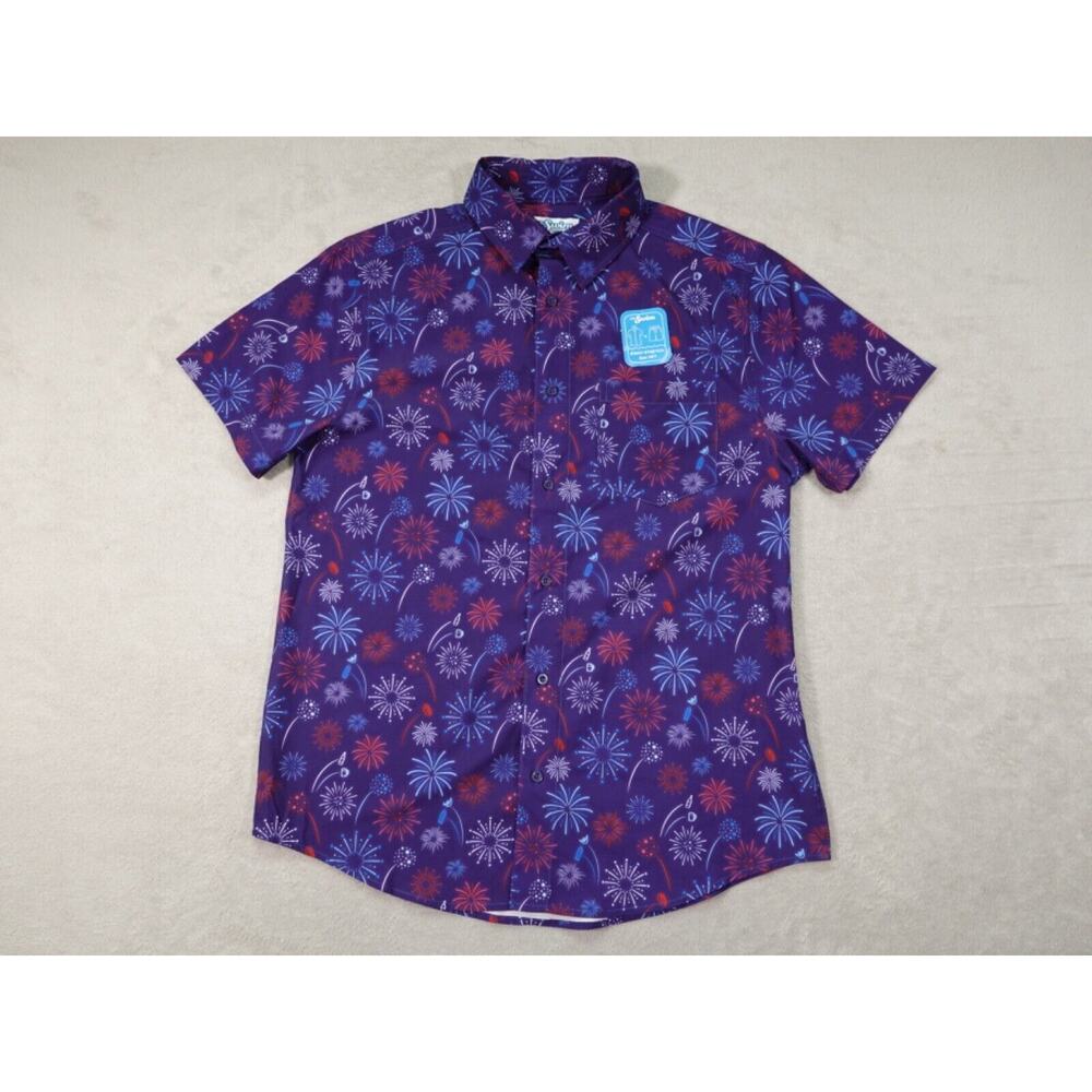 Mr.Swim Seriously Fun Mens Blue Fireworks Short Sleeve Collared Button up Size M
